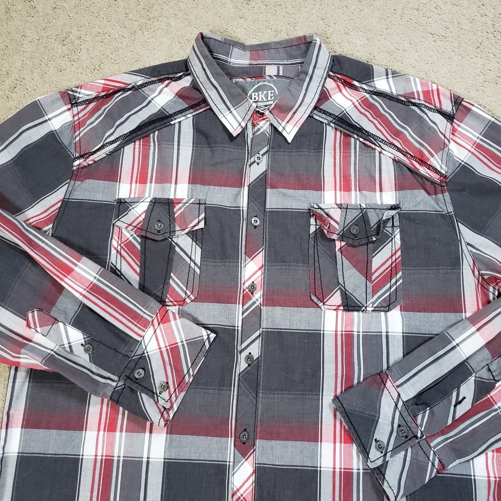 BKE Western Shirt Mens XXL Gray Red Plaid Long Sleeve Athletic Fit‎ Button Up